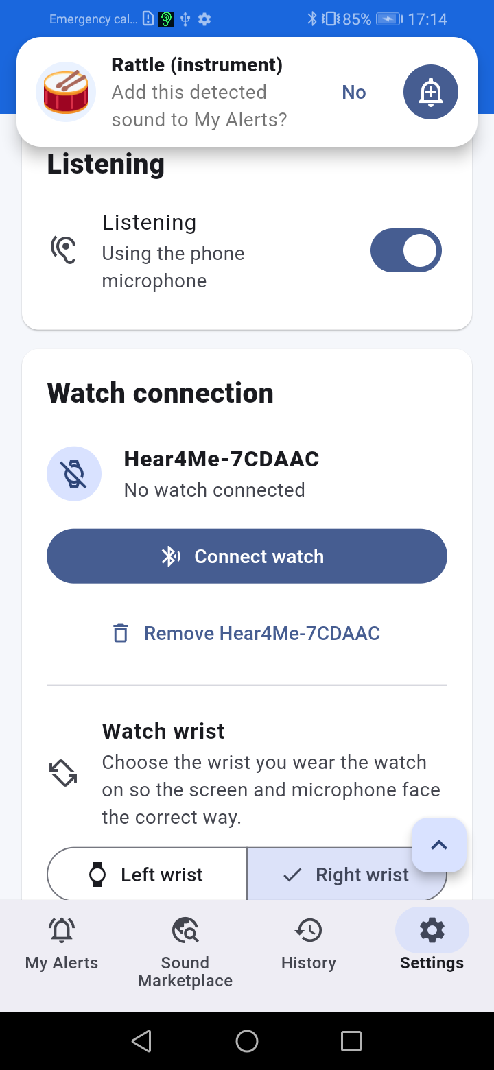 Hear4Me notification offering to add a newly detected sound
