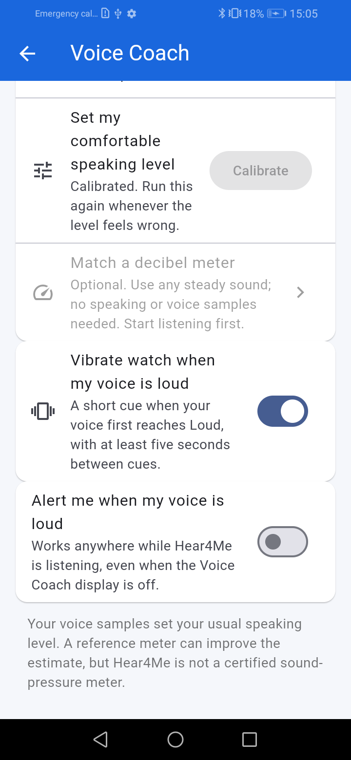 Voice Coach decibel meter calibration and loud voice controls